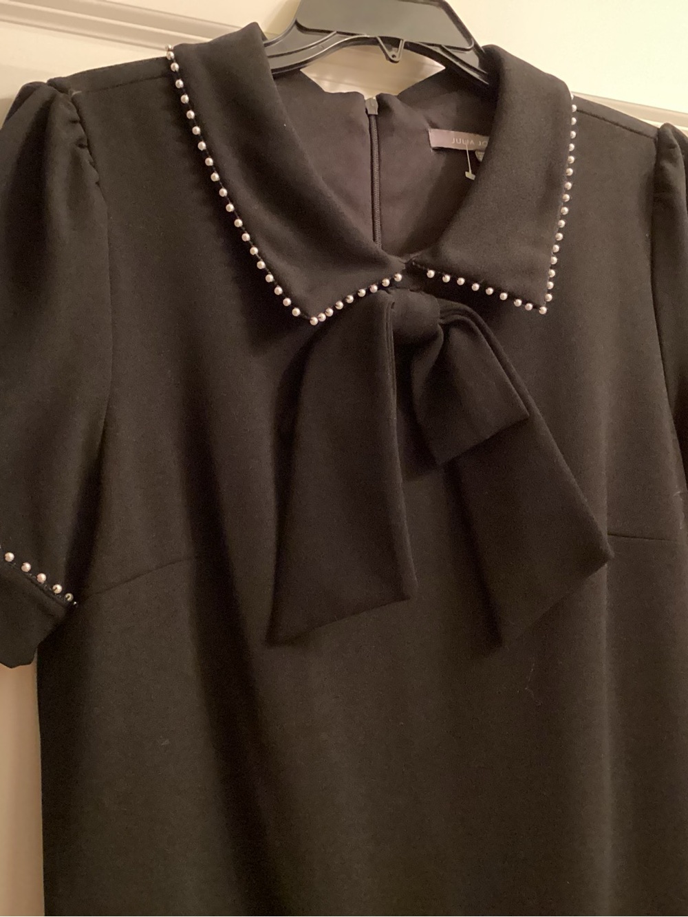 Elegant Black Pearl-Trim Bow Collar Women's dress